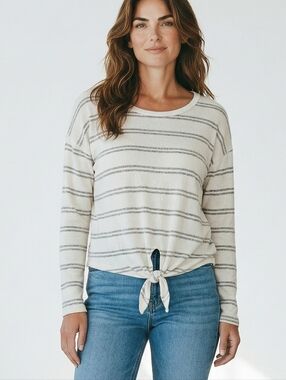Caution To The Wind Cream and Gray Striped Tie-Front Long Sleeve Top